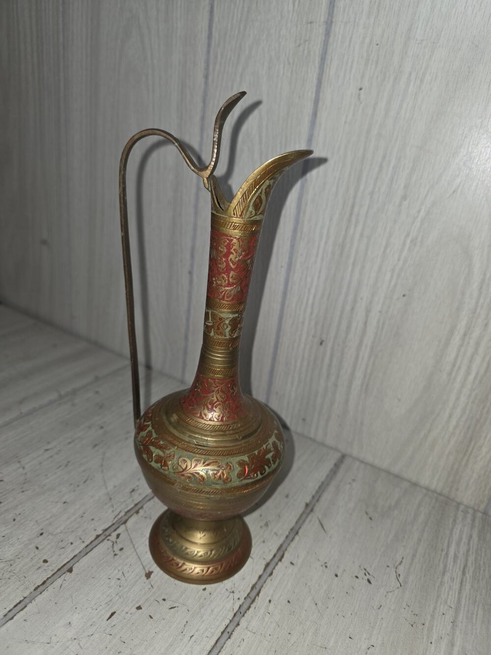 Antique Brass Pitcher Organic Botanical Color Engraving Ornate Patina Urn Vase